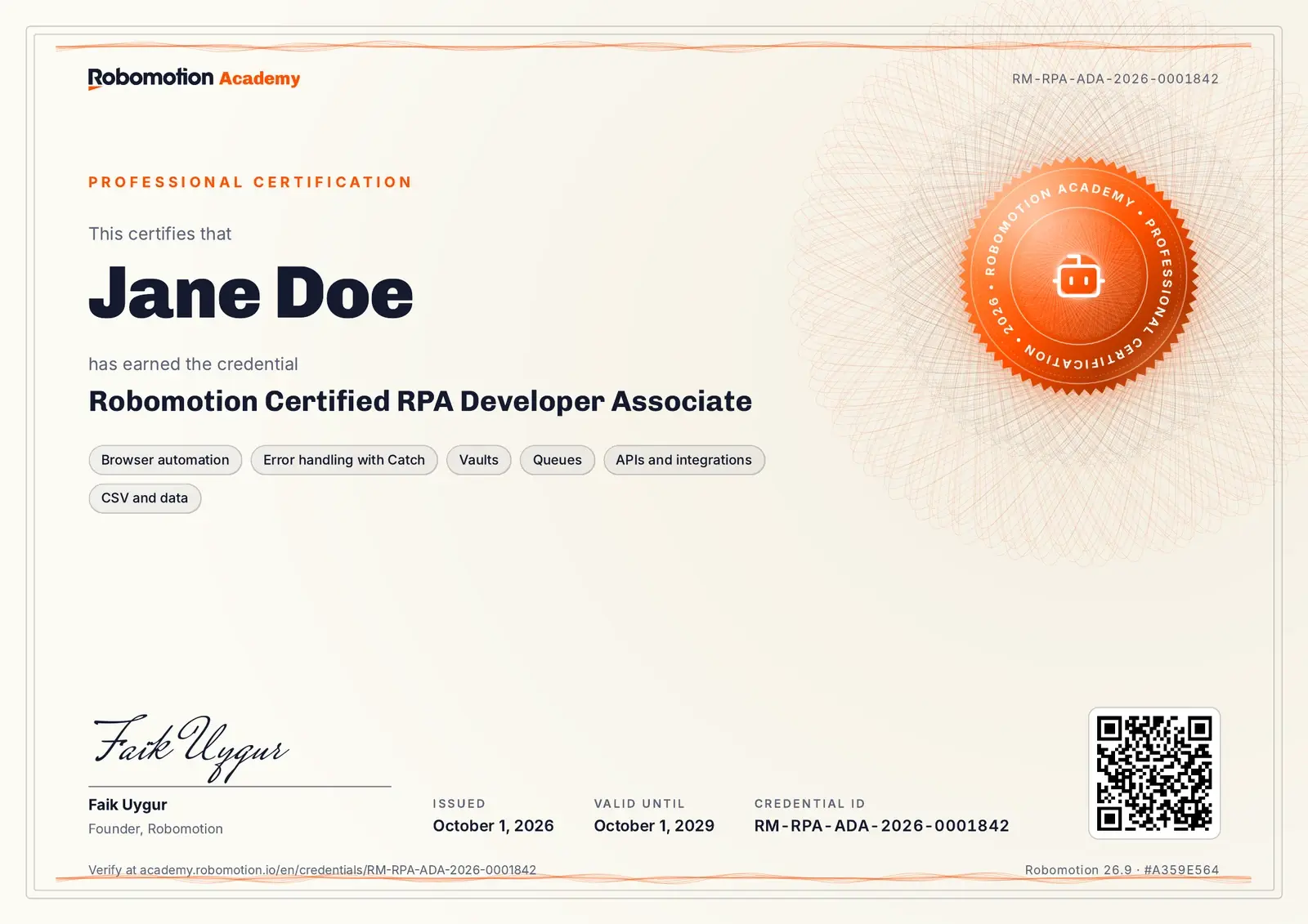 The Robomotion Certified RPA Developer Associate certificate, with its seal, signature, QR code and credential ID