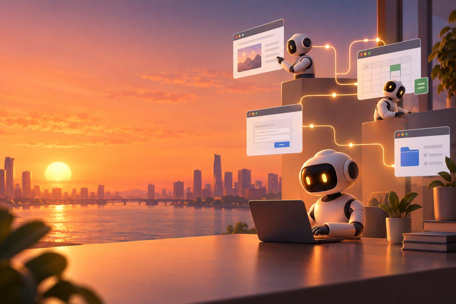 Illustration: small white robots working at a laptop and across connected browser and desktop windows, with a city skyline at sunset