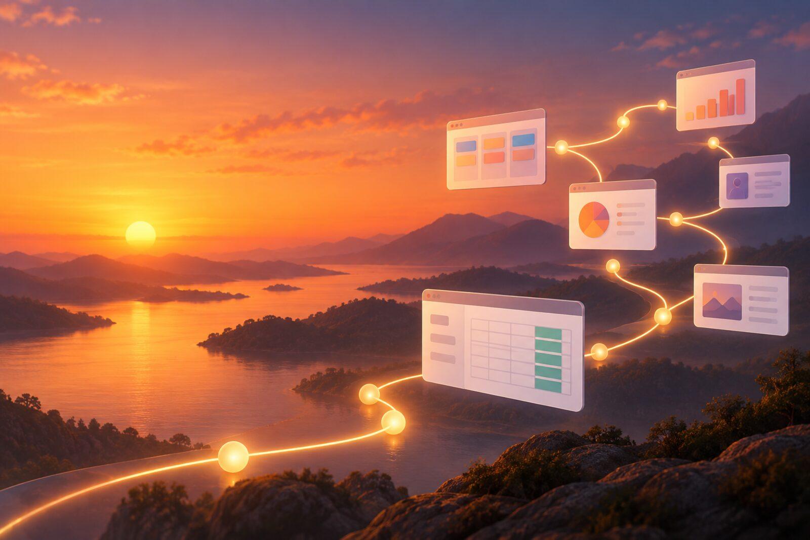 Illustration: app windows with tables, charts and profiles joined by a glowing path winding over a lake and hills at sunset