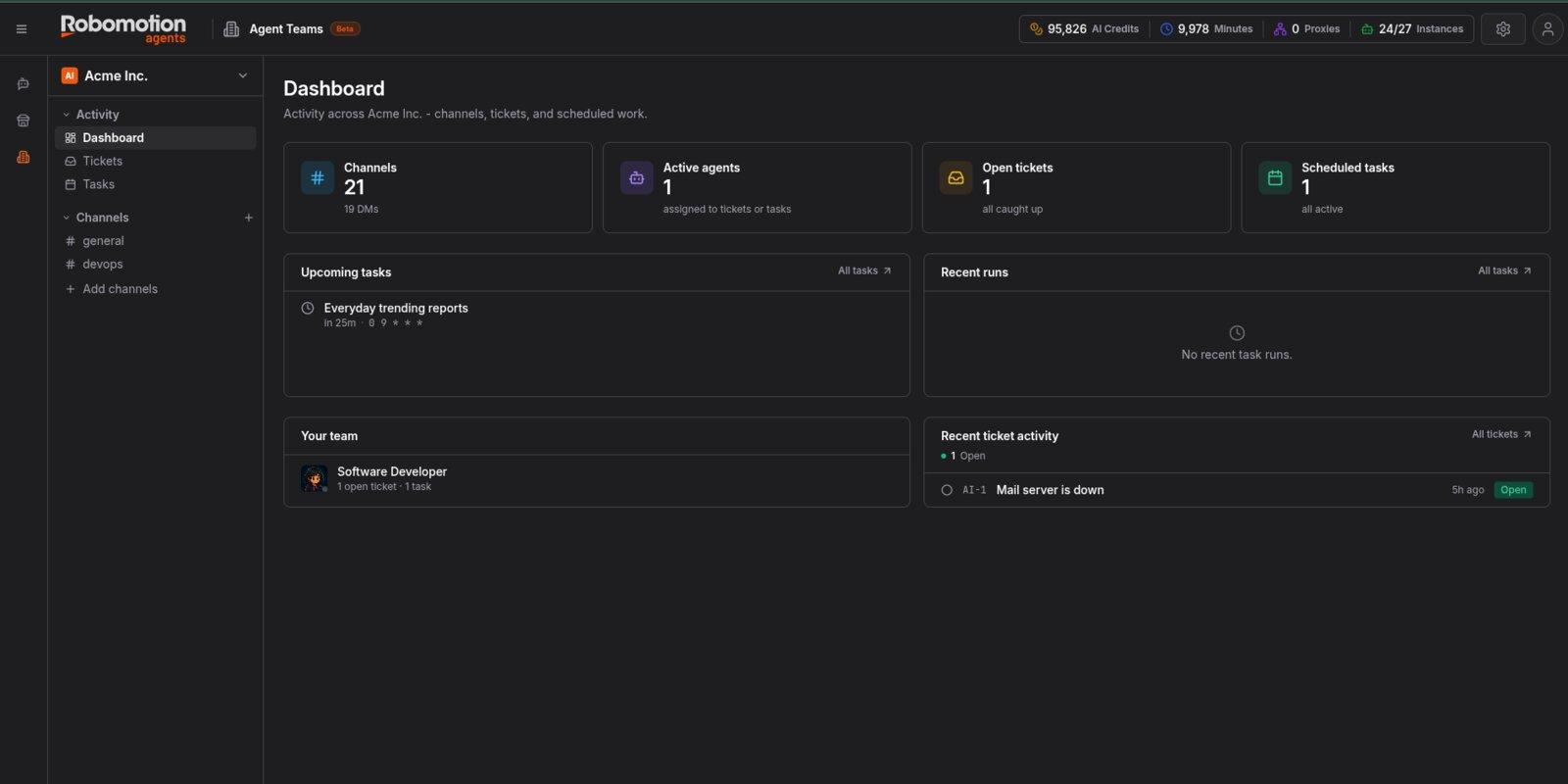 The Robomotion Agent Console dashboard with channels, active agents, tickets and tasks