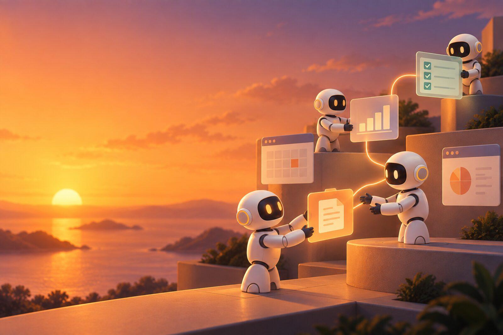 Illustration: a team of small white robots passing documents, charts and checklists to each other along glowing links at sunset