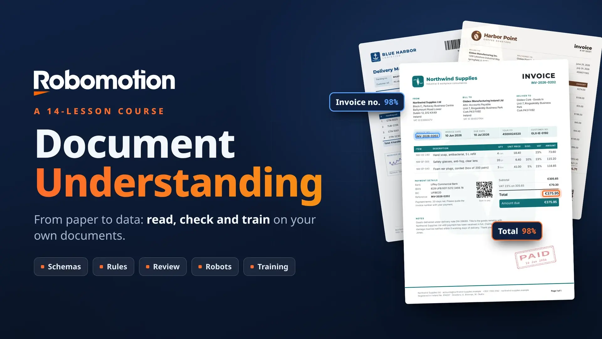 Robomotion Document Understanding: a 14-lesson course. From paper to data: read, check and train on your own documents.